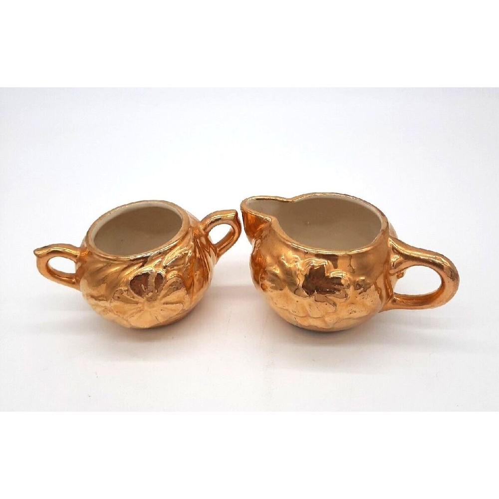 Vintage 22K Gold Painted Ceramic Sugar & Creamer Floral Pattern